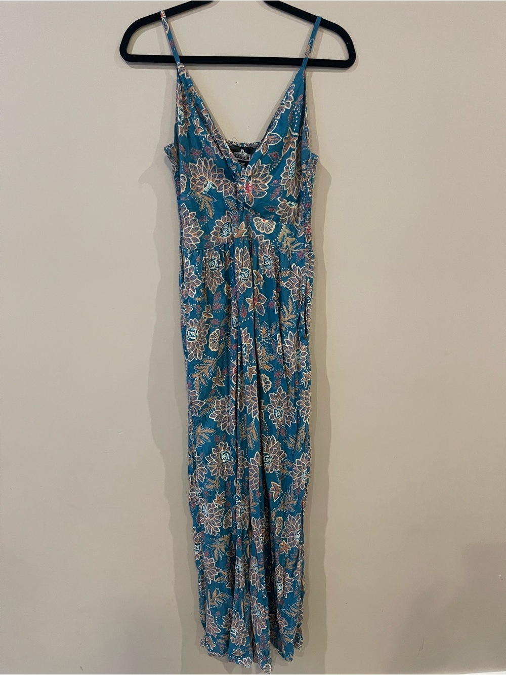 Angie Teal Floral Spaghetti-Strap Jumpsuit